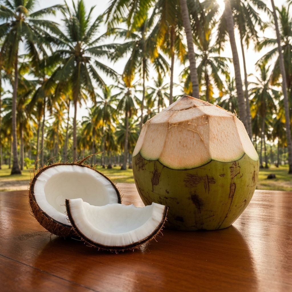 Fresh coconut meat and whole coconut display